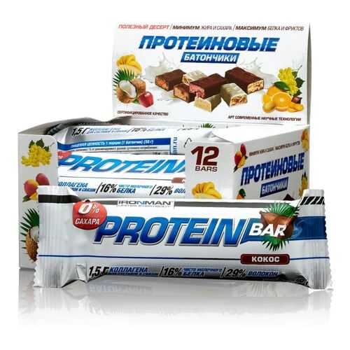 Батончик IRONMAN Protein Bar с коллагеном БЕЗ САХАРА, 50г (Кокос/тёмная глазурь)(12шт) в Экспедиция